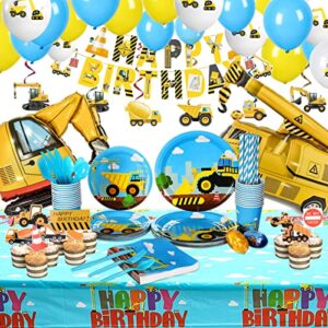 construction birthday party supplies set for boys - 24 guests – dump truck and tractor party decorations, paper plates cups napkins straws balloons cutlery toppers banners tablecloth