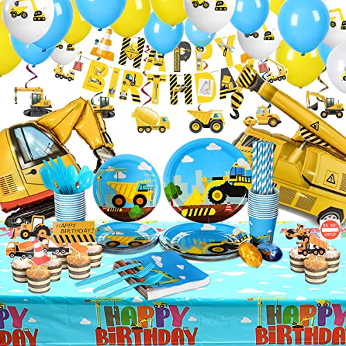 Construction Birthday Party Supplies Set For Boys - 24 Guests – Dump Truck And Tractor Party Decorations, Paper Plates Cups Napkins Straws Balloons Cutlery Toppers Banners Tablecloth