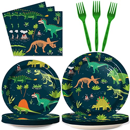 96 Pcs Dinosaur Party Supplies Fossil Dinosaur World Tableware Set Dinosaur Theme Plates Napkins Party Decorations Dino Dinnerware for Boys Kids Birthday Baby Shower Tableware Party Favors 24 Guests