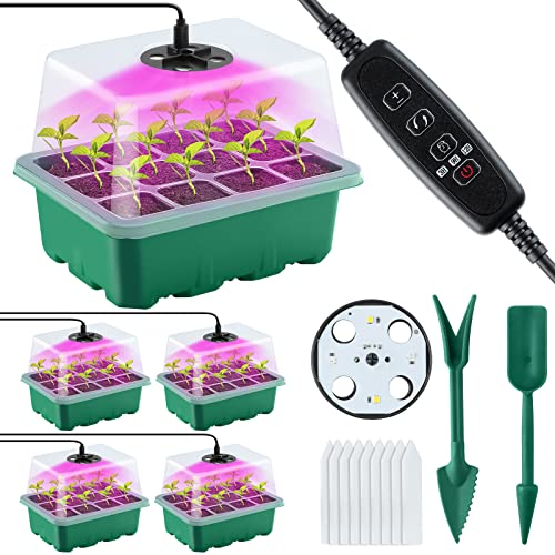 Seed Starter Tray, 5-Pack Seed Starter Tray with Grow Light, Seedling Starter Trays, Seed Starting Trays, Seed Starter Kit, Plant Starter Kit, Timer, Humidity Dome, Dimmable. (Green)