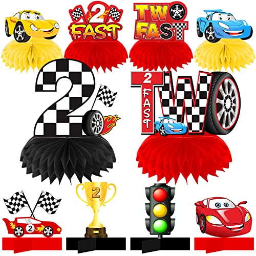 Race Car 2 Fast Birthday Decorations Table Honeycomb Centerpieces, 10Pcs Car Theme 2nd Birthday Table Toppers Sign Party Supplies for Boys, 2 Year Old Let’s Go Racing Birthday Party Table Decor