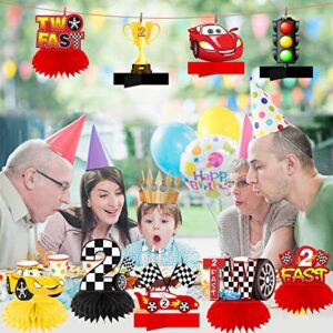 Race Car 2 Fast Birthday Decorations Table Honeycomb Centerpieces, 10Pcs Car Theme 2nd Birthday Table Toppers Sign Party Supplies for Boys, 2 Year Old Let’s Go Racing Birthday Party Table Decor