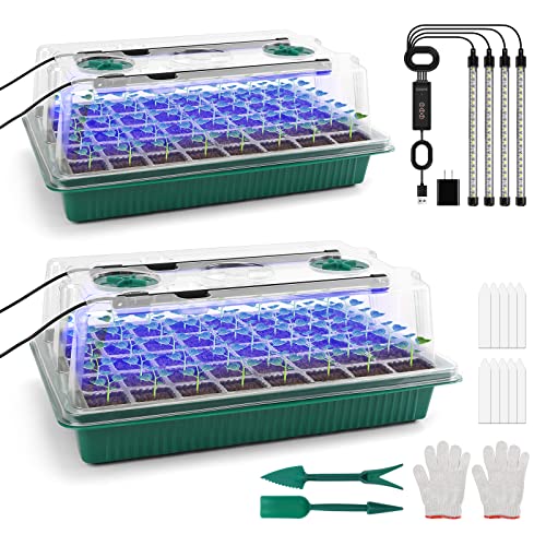 BlumWay Seed Starter Tray with Grow Light,2 Pack 80 Cells Seedling Tray Kit with Humidity Dome/Indoor Plant Starter Kit, Adjustable Brightness Plant Germination Trays