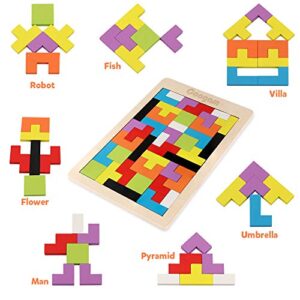 Coogam Wooden Blocks Puzzle Brain Teasers Toy Tangram Jigsaw Intelligence Colorful 3D Russian Blocks Game STEM Montessori Educational Gift for Kids (40 Pcs)