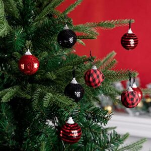 12pcs Black and Red Sequin Balls ,1.96" Christmas Buffalo Plaid Hanging Balls,Shatterproof Xmas Checkered Tree Ornaments for Party Home Decor