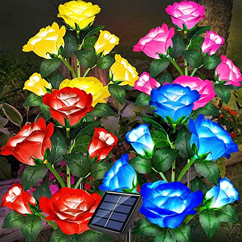 New Upgraded 4-Pack 24 Roses Solar Garden Lights Outdoor Decor, Waterproof Outside Yard Decor Stake Lights, Solar Rose Flower Garden Stake Lights for Garden Yard Christmas Cemetery Grave Decorations