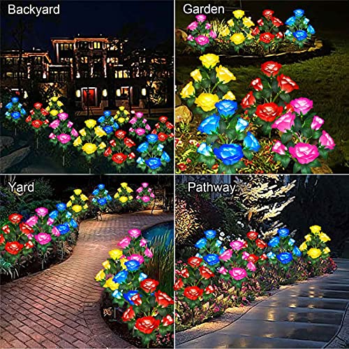 New Upgraded 4-Pack 24 Roses Solar Garden Lights Outdoor Decor, Waterproof Outside Yard Decor Stake Lights, Solar Rose Flower Garden Stake Lights for Garden Yard Christmas Cemetery Grave Decorations