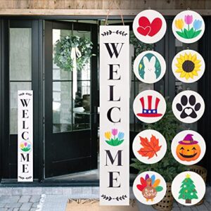 monjita welcome sign for front porch standing, interchangeable welcome standing sign with 5 designed double-sided icons for front door, all seasonal farmhouse rustic modern porch decor for fall harvest thanksgiving christmas, 47 x 7.9 inch wooden vertical
