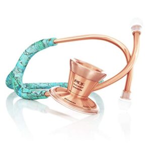 mdf turquoise rose gold procardial cardiology stethoscope, lightweight titanium, adult, dual head, turquoise tube, rose gold chestpiece-headset, mdf797ttqrg
