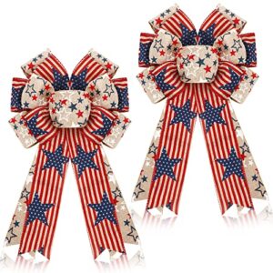 2 pcs patriotic bow wreath 4th of july memorial day red white blue star burlap american flag bow memorial day bow for indoor outdoor tree topper independence day party decoration (classic style)
