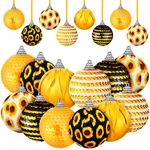 Yuxung 12 Pcs Summer Sunflower Tree Ornament Shiny Hanging Sunflower Ball Yellow Sequin Hanging Ornament Sunflower Tree Decor (Black Yellow)