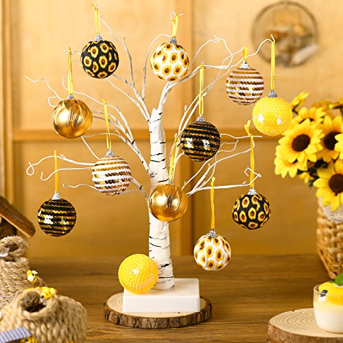 Yuxung 12 Pcs Summer Sunflower Tree Ornament Shiny Hanging Sunflower Ball Yellow Sequin Hanging Ornament Sunflower Tree Decor (Black Yellow)