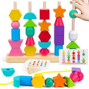 montessori wooden beads sequencing toy set, stacking blocks & lacing beads & matching shape stacker, montessori toys for 2 3 4 5 year old stem preschool learning toys gifts for kids boy girl toddler