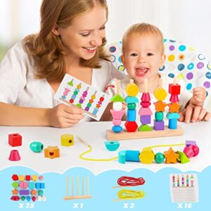 Montessori Wooden Beads Sequencing Toy Set, Stacking Blocks & Lacing Beads & Matching Shape Stacker, Montessori Toys for 2 3 4 5 Year Old STEM Preschool Learning Toys Gifts for Kids Boy Girl Toddler