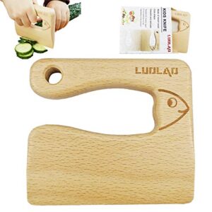 luolao wooden kids knife for cooking and safe cutting veggies fruits, cute fish shape kids kitchen tools, 2-5 years old applicable