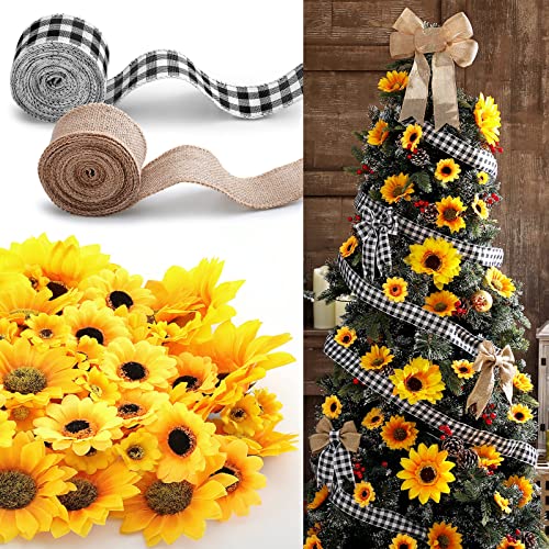 Sunflower Tree Decoration Kit 62 Pcs Sunflower Decor with 2 Pcs Buffalo Plaid and Burlap Ribbon for Christmas Tree Party Indoor Fireplace Home Decorations