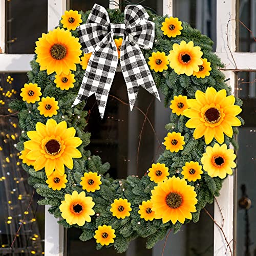 Sunflower Tree Decoration Kit 62 Pcs Sunflower Decor with 2 Pcs Buffalo Plaid and Burlap Ribbon for Christmas Tree Party Indoor Fireplace Home Decorations