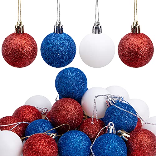 Deloky 24 PCS Independence Day Glitter Hanging Ball-1.57 Inch 4th of July Ornaments Ball for Tree Decorations-Memorial Day Red White Blue Ball for Veterans Patriotic Party Decor