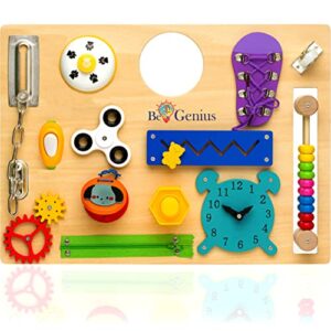 begenius busy board for toddlers | montessori busy board for 1 2 3 4 5 up to 8 years | wooden sensory board book ideal toy for toddler brain development at home/travel | baby busy board for 1 year old
