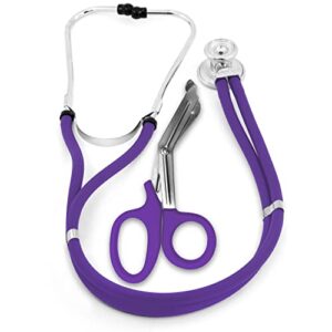 asa techmed sprague double tube adult and pediatric stethoscope + matching emt shears, ideal for emt, nurse, doctor, medical student, paramedic, and first responders (purpe)