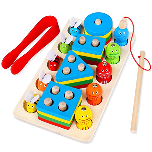 Montessori Toys Magnetic Fishing Toys for Toddler - Kids Wooden Shape Sorting and Stacking Toys - Learning Activities Preschool Educational Montessori Fine Motor Skills Toys Sensory Toys