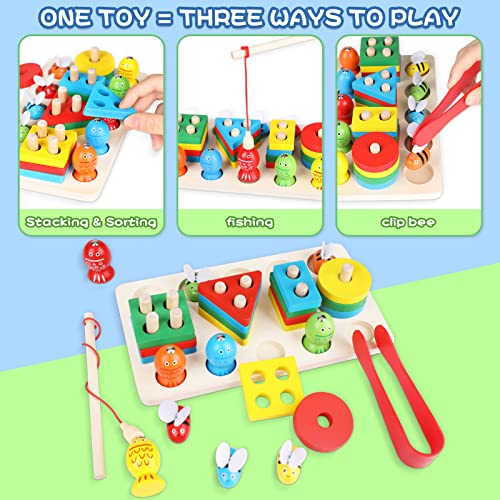 Montessori Toys Magnetic Fishing Toys for Toddler - Kids Wooden Shape Sorting and Stacking Toys - Learning Activities Preschool Educational Montessori Fine Motor Skills Toys Sensory Toys