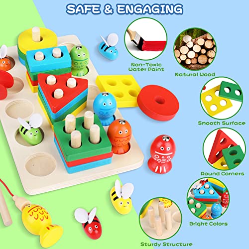 Montessori Toys Magnetic Fishing Toys for Toddler - Kids Wooden Shape Sorting and Stacking Toys - Learning Activities Preschool Educational Montessori Fine Motor Skills Toys Sensory Toys