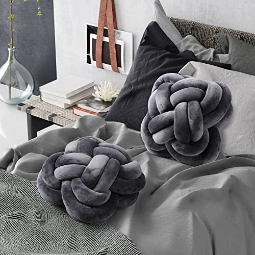 2 Pcs 12 Inch Flower Knot Pillow Ball Creative Knotted Throw Pillows Decorative Sofa Lumbar Pillow Floor Pillow Cushion for Home Sofa Car Office Decor Household Christmas Decoration (Dark Gray)