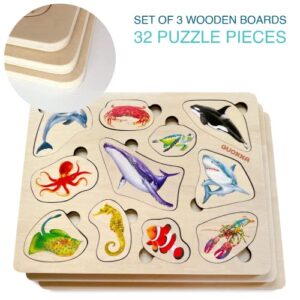 Wooden Puzzles for Toddlers 1-3 – 3 Toddler Puzzles Ages 2-4 by QUOKKA – Montessori Animal Toy Puzzles for Kids Ages 3-5 Year Old – Wood Toy Learning Realistic Animals for Boy and Girl