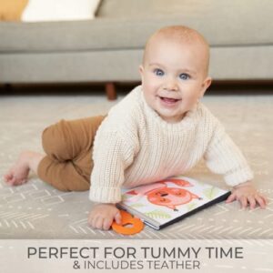 Soft Tummy Time Book with Large Stimulating Baby Safe Mirror - Fun High Contrast Montessori Toy w/ Mirror, Crinkle Paper & Silicone Teether - The Perfect Toy For Safe Early Newborn/Infant Development