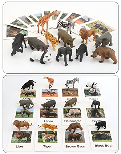 MIKNEKE Montessori Animal Figures with Flash Cards, Realistic Animal Figurines Toys, Montessori Materials Homeschool Preschool Science Educational Matching Game for Toddler Kids (Zoo)