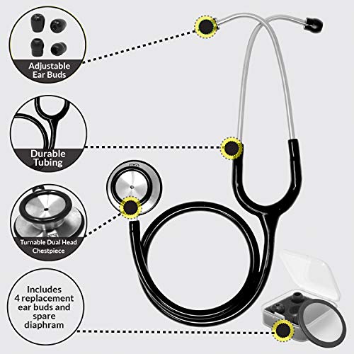 Ever Ready First Aid Pro Classic Dual Head Stethoscope for Paramedics and Nurses, 4 Ear Tips, Replacement Diaphragm - Black