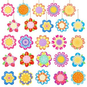 cnhoqc 45pcs boho spring flower colorful hanging ornaments set 15 design spring flower pendent wooden ornament set with ropes springtime blossom theme party supplies home decor