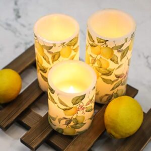 Silverstro Lemon Flameless Candles with 10-Key Remote, Lemon Tree Decal Real Wax LED Candles, Flickering Battery Operated Candles for Room Christmas Party Home Botanical Decor - Set of 3