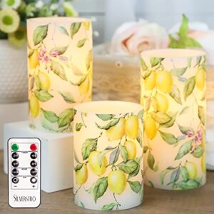 silverstro lemon flameless candles with 10-key remote, lemon tree decal real wax led candles, flickering battery operated candles for room christmas party home botanical decor - set of 3