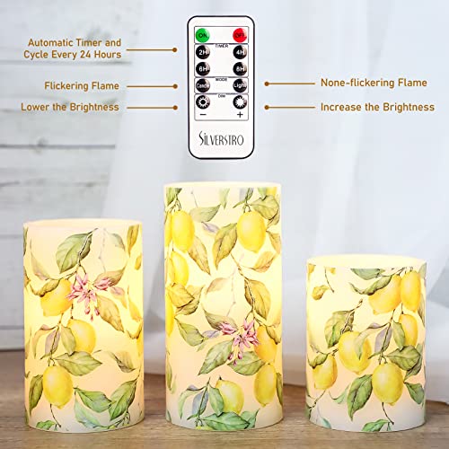 Silverstro Lemon Flameless Candles with 10-Key Remote, Lemon Tree Decal Real Wax LED Candles, Flickering Battery Operated Candles for Room Christmas Party Home Botanical Decor - Set of 3