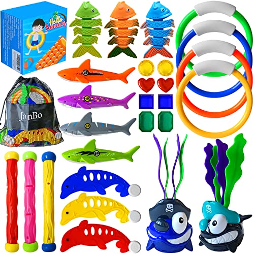 JOINBO Pool-Diving-Toys 27 Pack,Summer Swimming Pool Toys for Kids,Fun Pool Games Sinking Toy Set Includes 3 Diving Sticks,4 Diving Rings,8 Pirate Treasures,6 Fish Toys,6 Shark - Water Toys