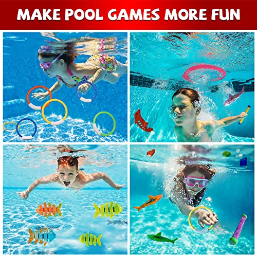 JOINBO Pool-Diving-Toys 27 Pack,Summer Swimming Pool Toys for Kids,Fun Pool Games Sinking Toy Set Includes 3 Diving Sticks,4 Diving Rings,8 Pirate Treasures,6 Fish Toys,6 Shark - Water Toys