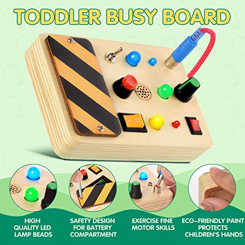 POLKRANE Busy Board with LED Light, Sensory Toys for Toddlers 1-3, Montessori Toys with Toggle Switch, Travel Toys for Educational Toddler Activities for 1 2 3 4 Year Old Boys & Girls