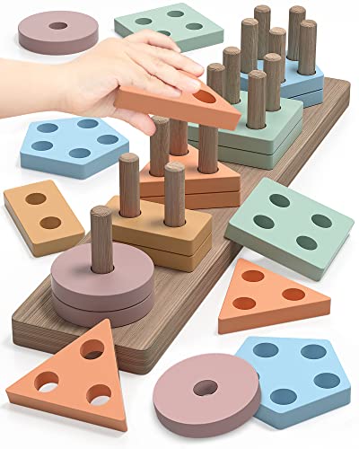 Montessori Toys for 1 2 Year Old Boy and Girl, Shape Sorter Wooden Toys for Toddlers 1-3, Toddler Toys age 1-2, 1 2 Year Old Girl Boy Gifts,Sorting and Stacking Education Preschool Toys - Coffee