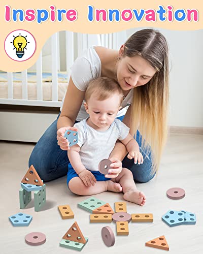 Montessori Toys for 1 2 Year Old Boy and Girl, Shape Sorter Wooden Toys for Toddlers 1-3, Toddler Toys age 1-2, 1 2 Year Old Girl Boy Gifts,Sorting and Stacking Education Preschool Toys - Coffee