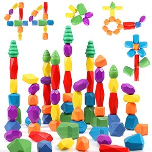 44pcs sensory toddler wooden stacking rocks toys for boys & girls ages 3+ year old building blocks montessori preschool educational stem toys for kids birthday gifts safe creativity rainbow stones