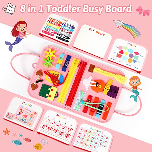 8 in 1 Toddler Busy Board for 1 Years Old, 89Pcs Montessori Sensory Board for 2 3 4 Toddler Educational Activity for Basic Dress Motor Skills, Baby Learning Toys for Travel, Gift for Boys Girls(Pink)