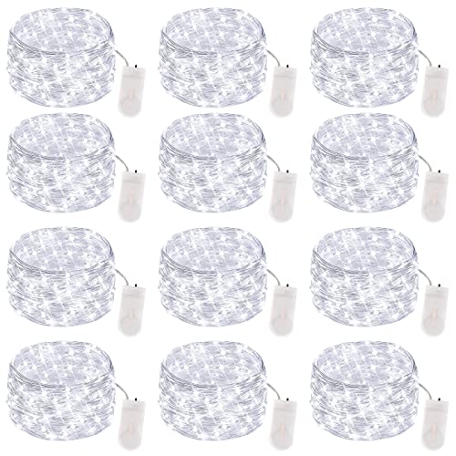 ACVCY 12 Pack Fairy Lights Battery Operated,7 ft 20 LED Waterproof Silver Wire Fairy Lights,Battery Operated String Lights,Fairy Lights for Bedroom,Wedding,Christmas Decor（White）