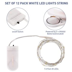 ACVCY 12 Pack Fairy Lights Battery Operated,7 ft 20 LED Waterproof Silver Wire Fairy Lights,Battery Operated String Lights,Fairy Lights for Bedroom,Wedding,Christmas Decor（White）