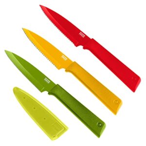 KUHN RIKON COLORI+ Non-Stick Straight and Serrated Paring Knives with Safety Sheaths, Set of 3, Red, Yellow and Green