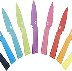 KUHN RIKON COLORI+ Non-Stick Straight and Serrated Paring Knives with Safety Sheaths, Set of 3, Red, Yellow and Green