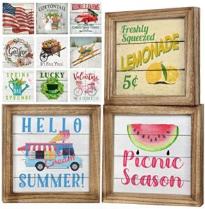 set of 3 rustic wood frames for tiered tray decor with 36 seasonal interchangeable home signs farmhouse home decor for the spring, summer, fall, winter, christmas, easter, thanksgiving, 4th of july, halloween, valentines & st patrick’s day, 7x7 in.