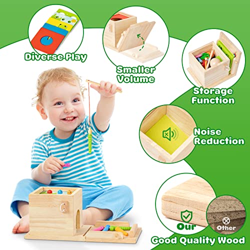 5-in-1 Wooden Play Kit Montessori Toy - Object Permanence Box, Coin Box, Carrot Harvest, Catch Worm, Shape Sorter - Toddler Learning Toy for Kid Age 1, 2, 3 Year Old, Girl boy Gift for Baby 6-12 Month