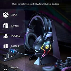 Gaming Headset for Xbox One PS4 PS5 PC Switch, Noise Canceling Headphones with Microphone, 3.5mm Audio Jack, Auto-Adjust Headband, 50mm Drivers, RGB Light, Lightweight Wired Gaming Headphones-Black